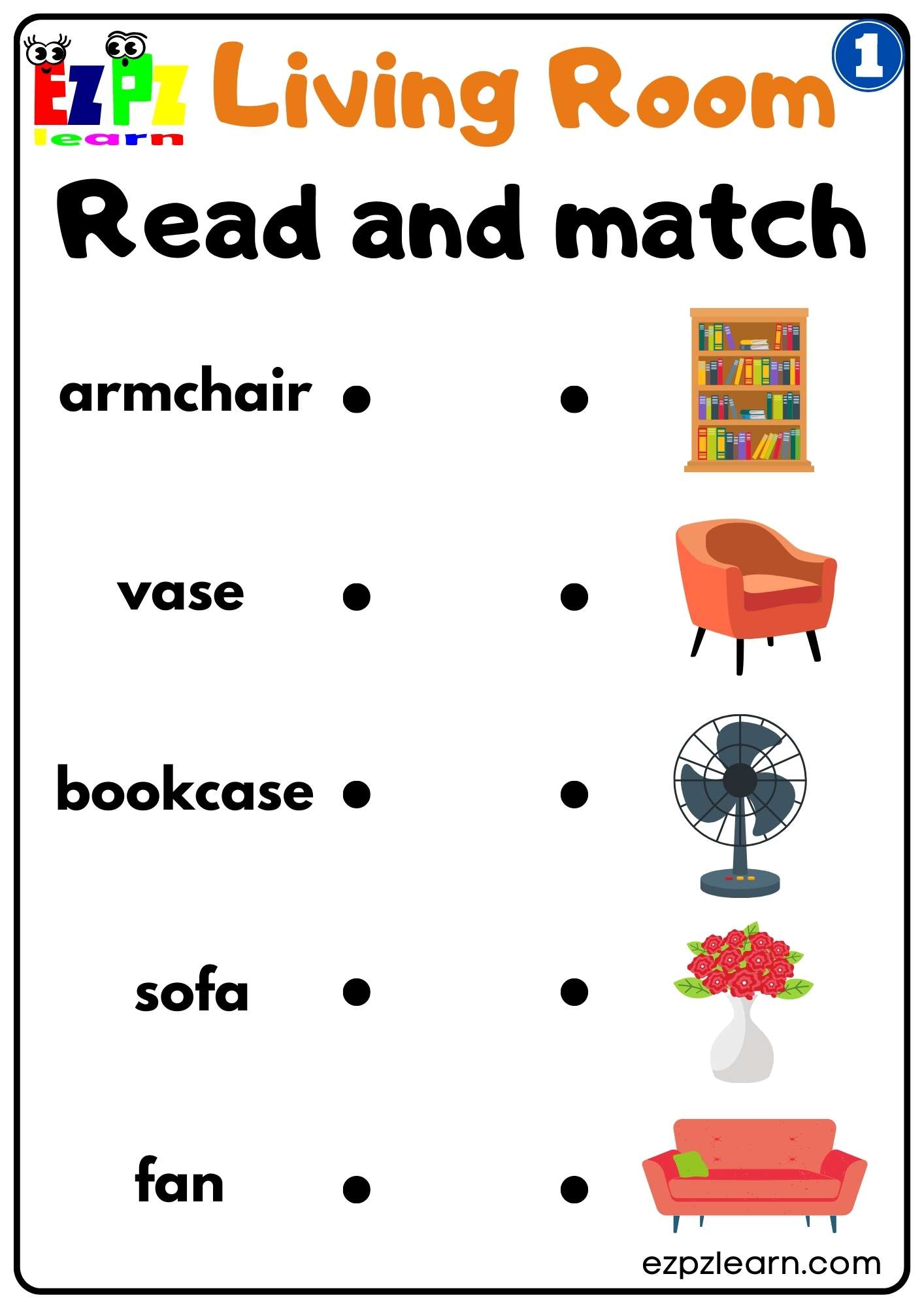 G1 Living Room Read and Match Worksheet for Parents and Teachers Free PDF Download